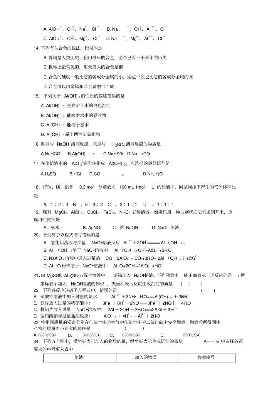 金属铝及其化合物练习题_第2页
