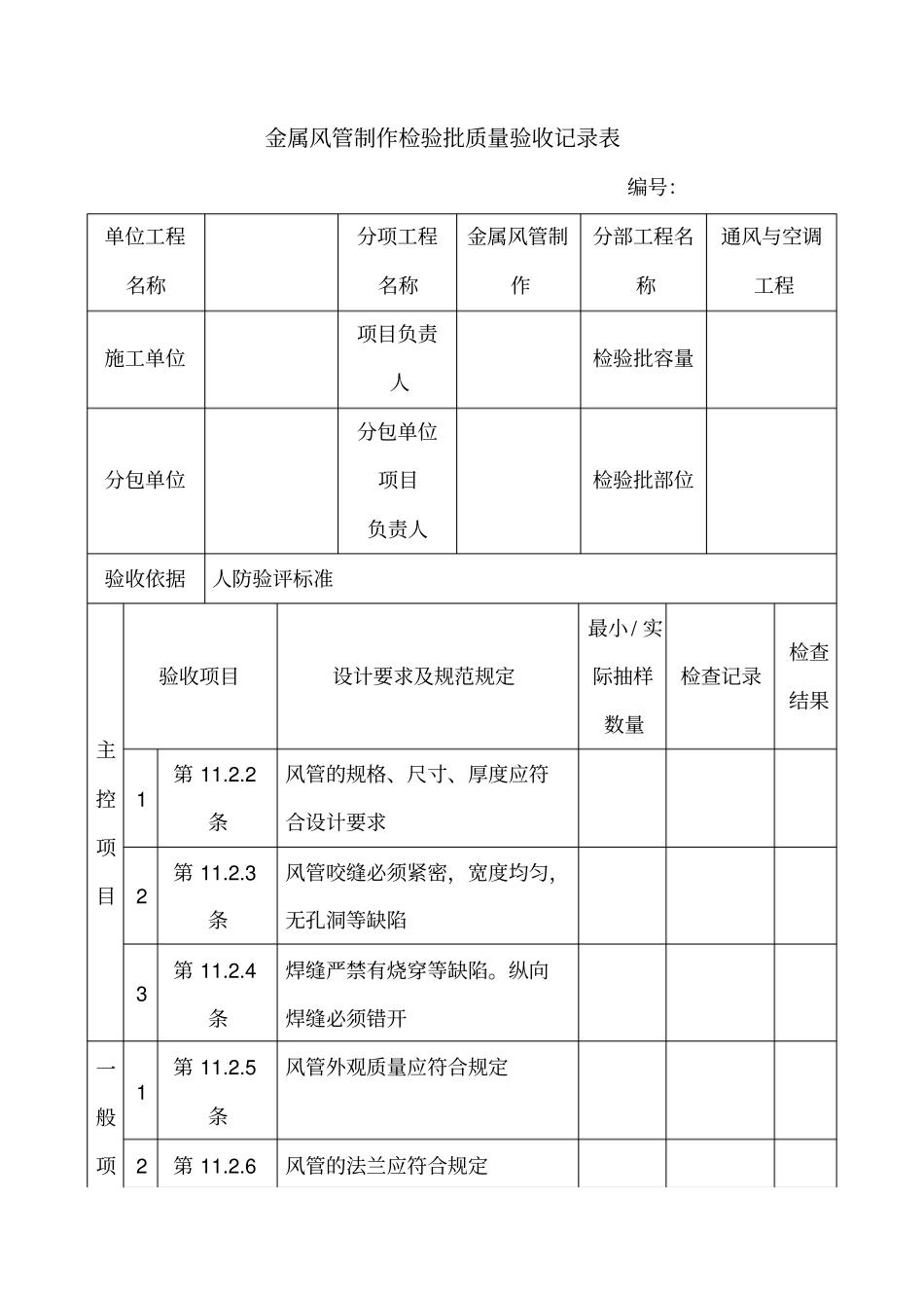 金属风管制作检验批质量验收记录表_第1页