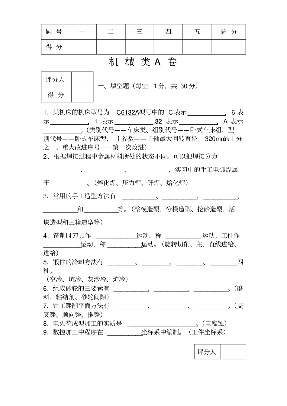 金工实习试题及答案_第1页