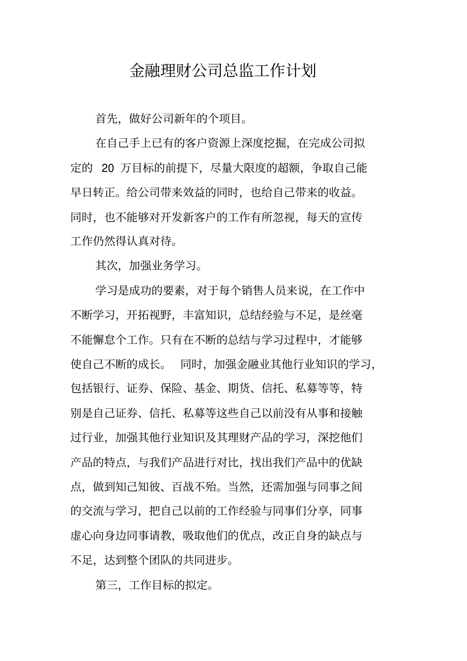 金融理财公司总监工作计划_第1页