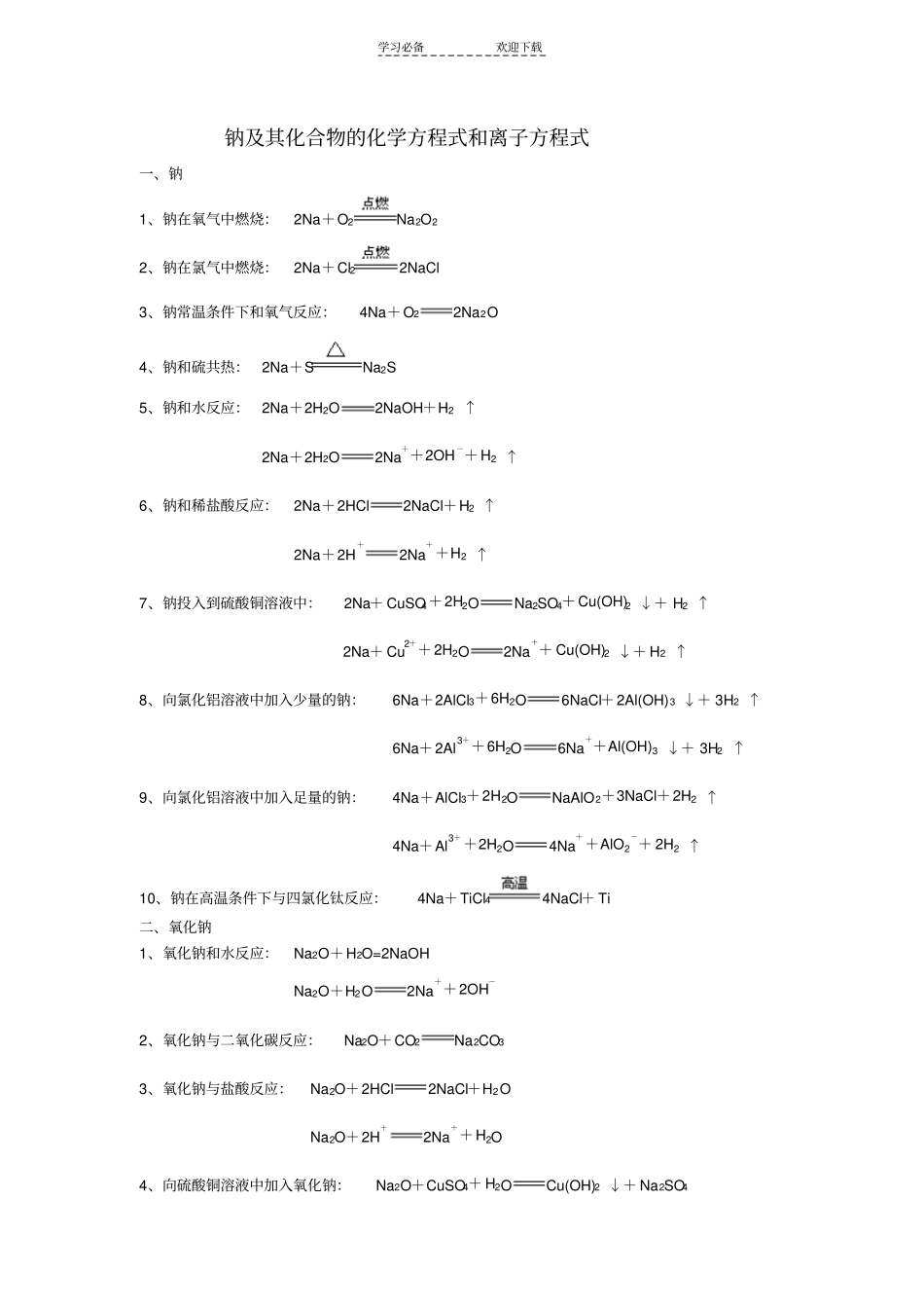 钠及其化合物的化学方程式和离子方程式_第1页