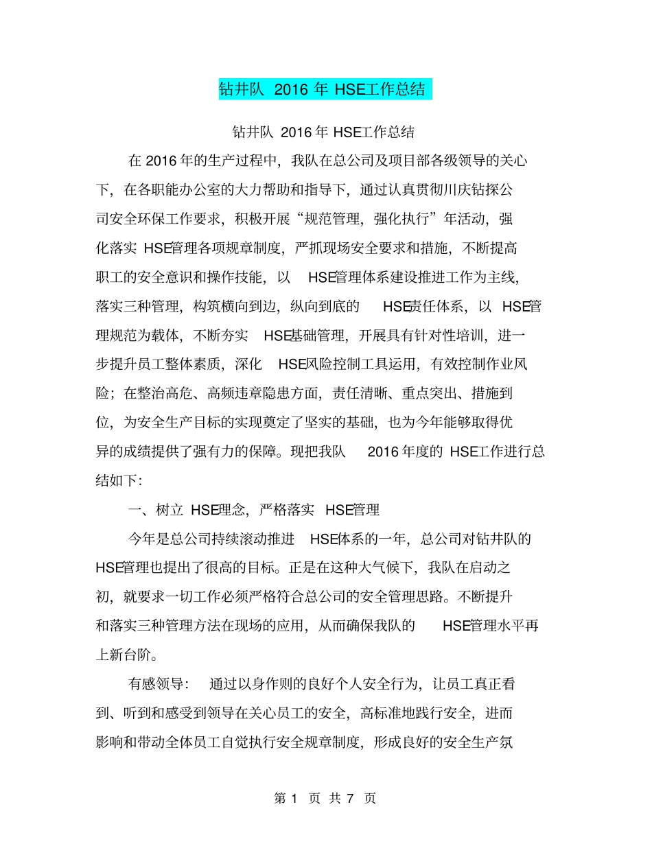 钻井队2016年HSE工作总结【可编辑版】_第1页