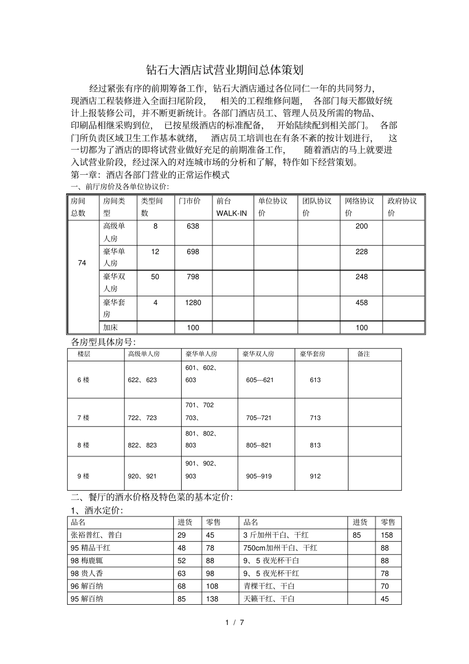 钻石大酒店试营业期间总体策划_第1页