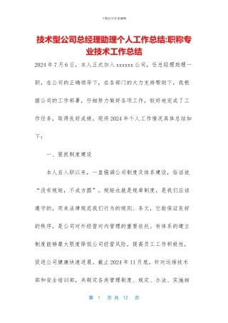 技术型公司总经理助理个人工作总结