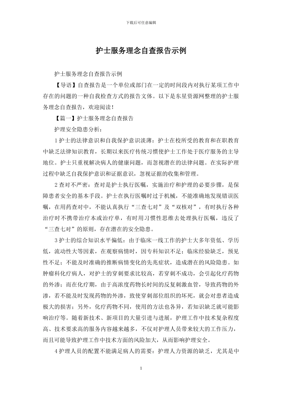 护士服务理念自查报告示例_第1页