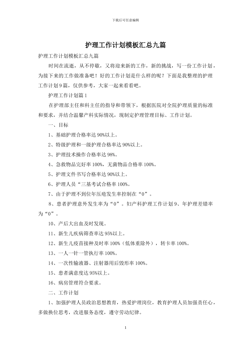 护理工作计划模板汇总九篇_第1页