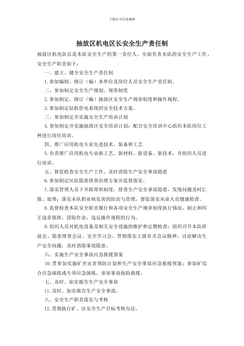抽放区机电区长安全生产责任制_第1页