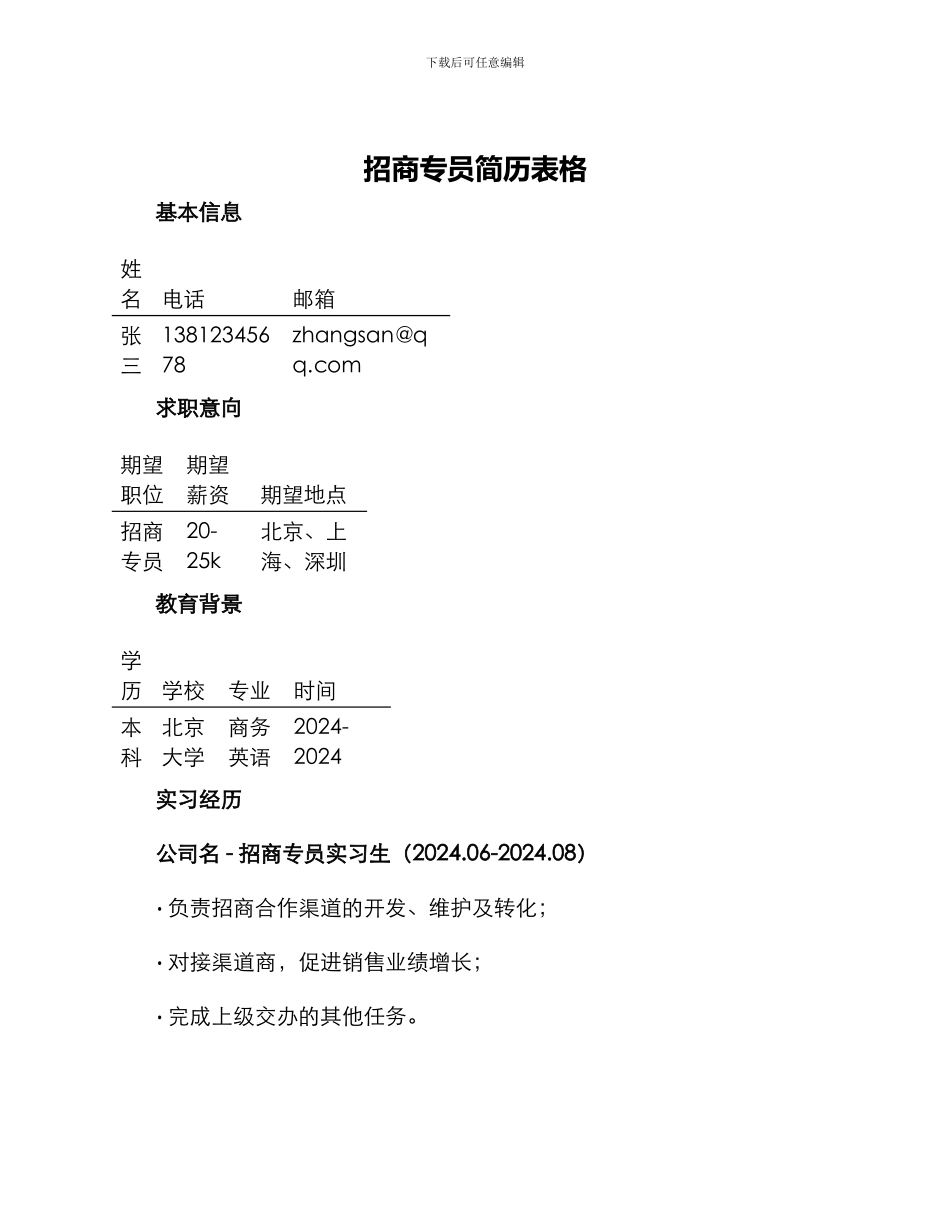 招商专员简历表格_第1页
