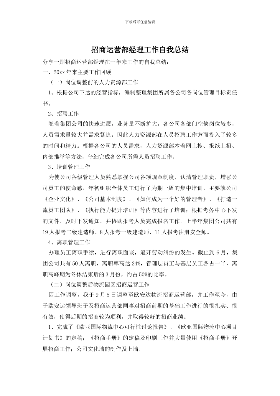 招商运营部经理工作自我总结_第1页