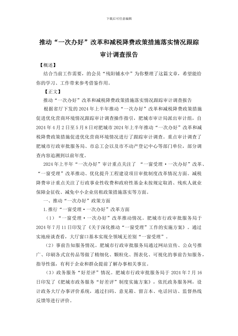 推进“一次办好”改革和减税降费政策措施落实情况跟踪审计调查报告_第1页