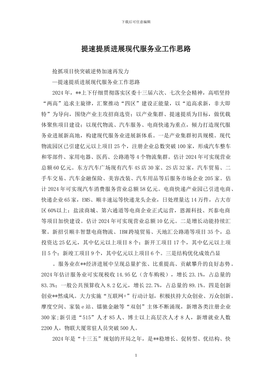 提速提质发展现代服务业工作思路_第1页