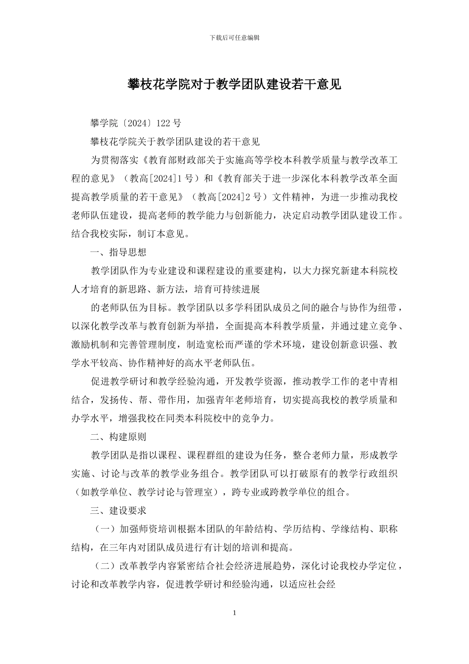 攀枝花学院对于教学团队建设若干意见_第1页