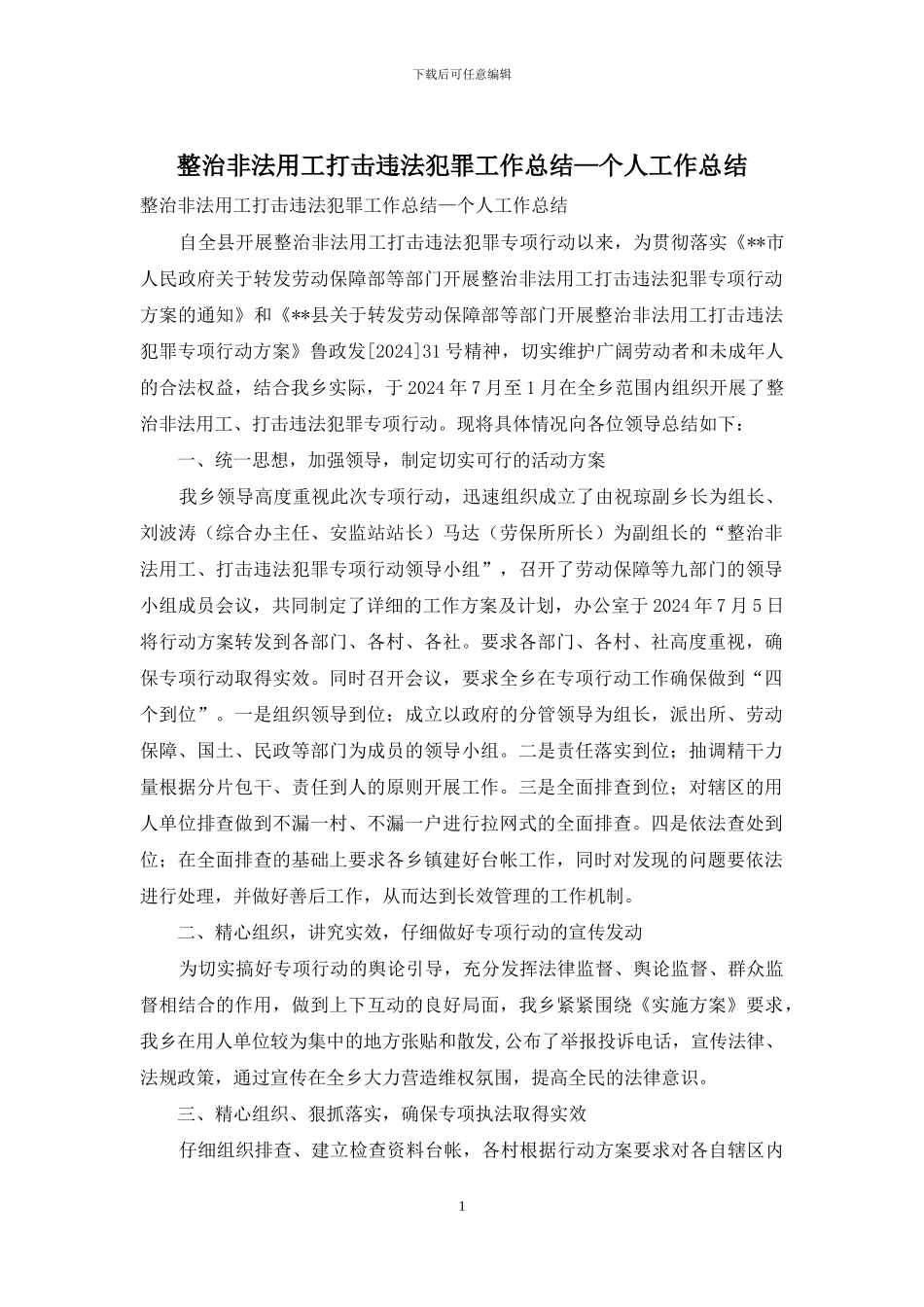 整治非法用工打击违法犯罪工作总结—个人工作总结_第1页