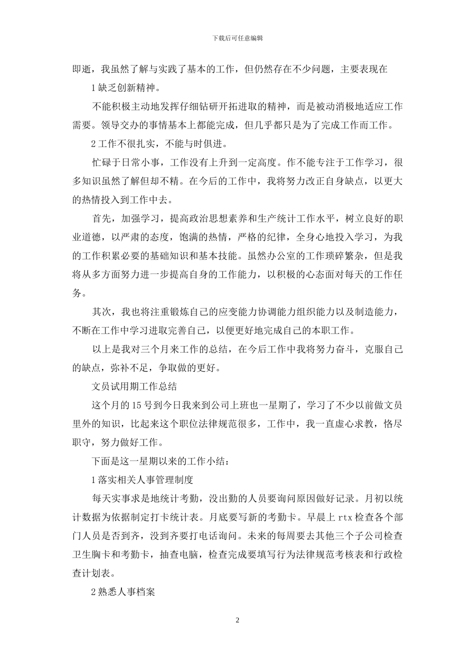 文员试用期工作总结范文_第2页