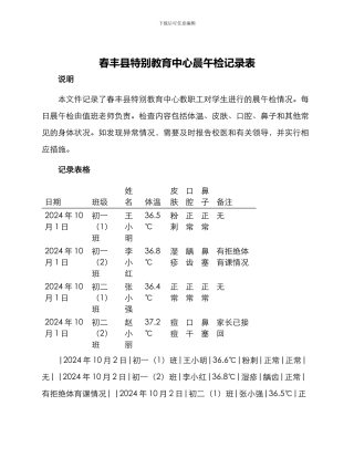 春丰县特殊教育中心晨午检记录表
