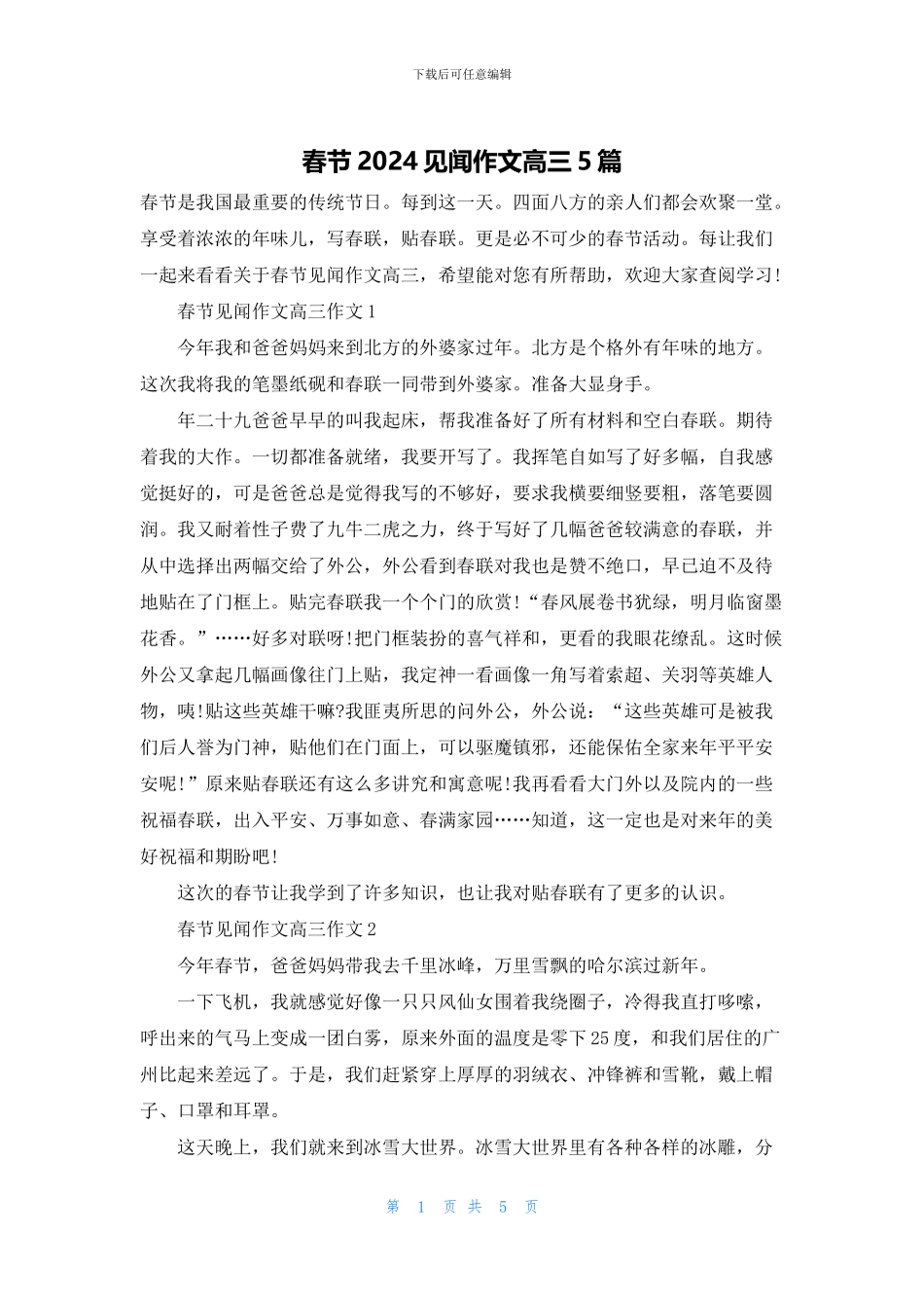 春节2024见闻作文高三5篇_第1页