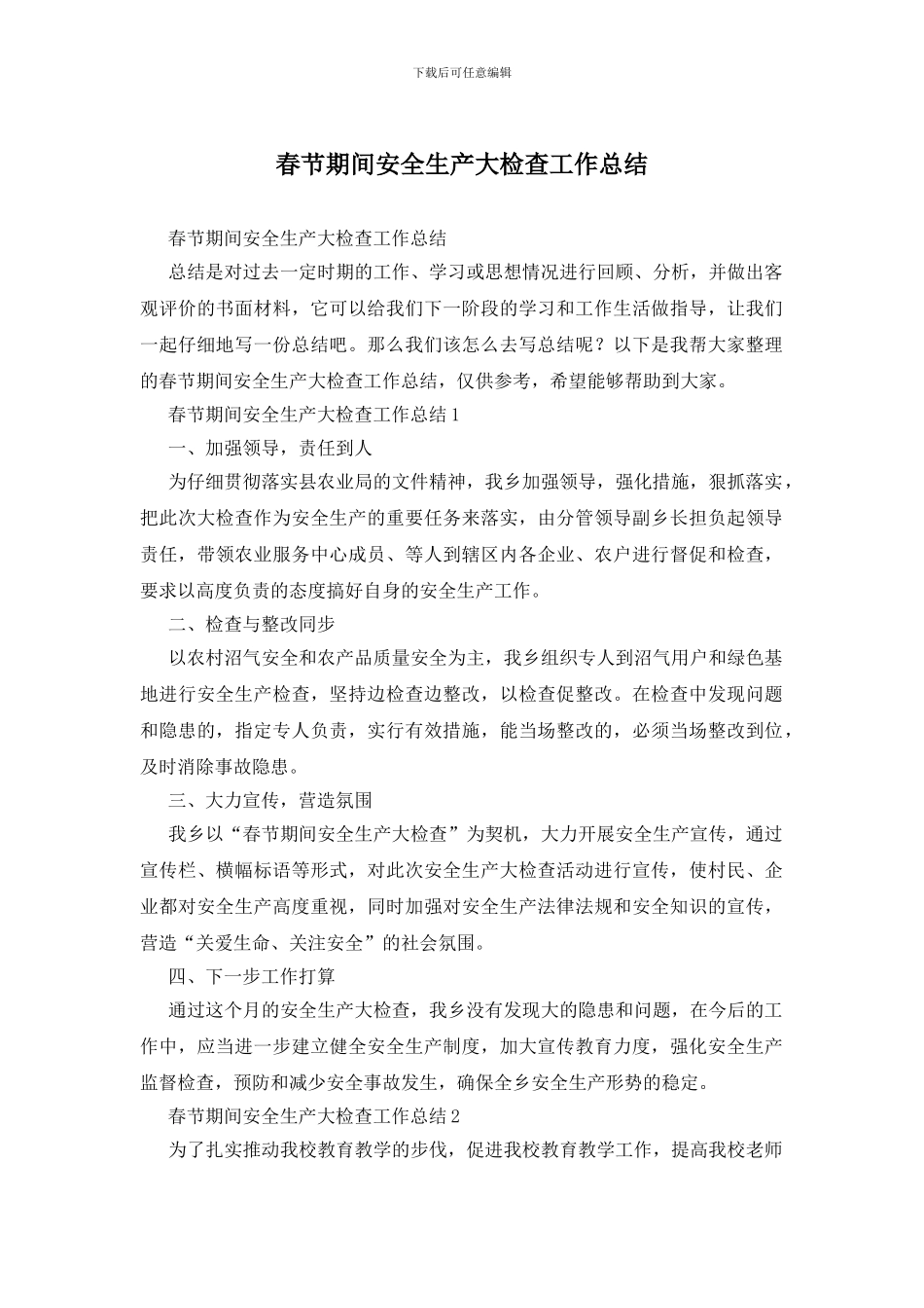 春节期间安全生产大检查工作总结_第1页