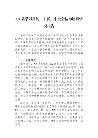 XX县学习贯彻二十届三中全会精神培训情况报告