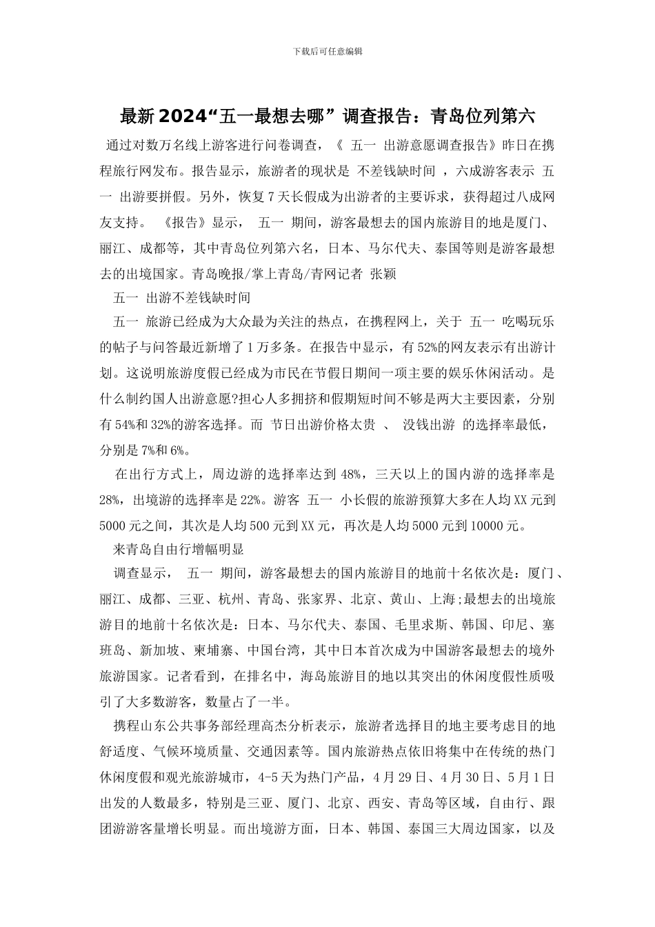 最新2024“五一最想去哪”调查报告：青岛位列第六_第1页