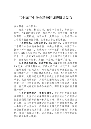 二十届三中全会精神轮训班研讨发言