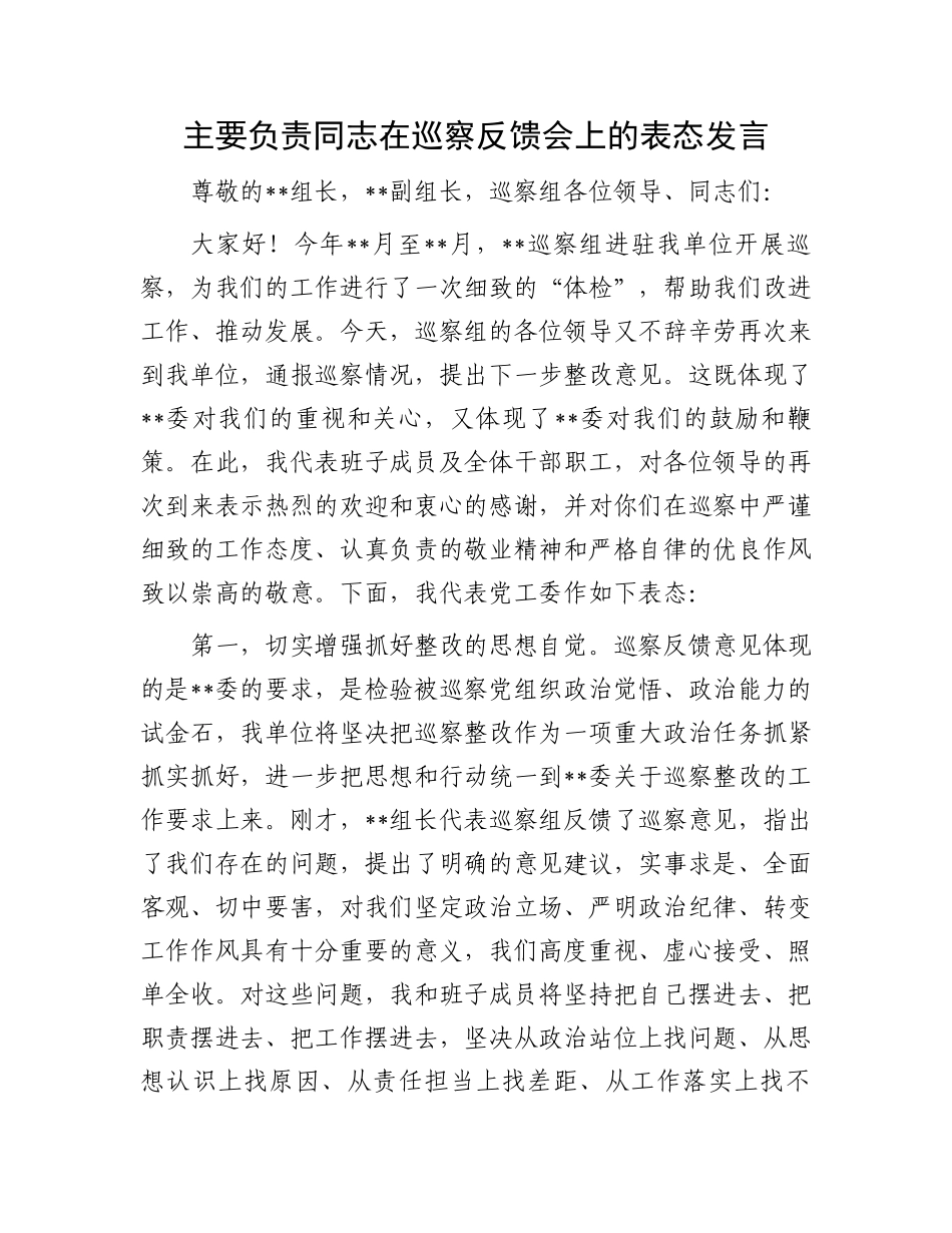 主要负责同志在巡察反馈会上的表态发言_第1页
