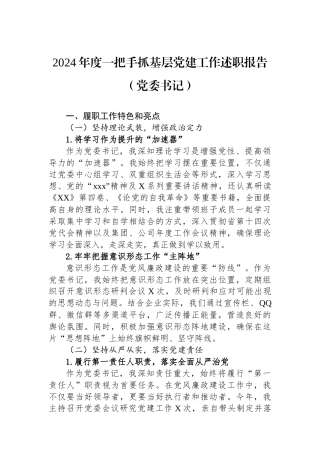 2024年度一把手抓基层党建工作述职报告（党委书记）