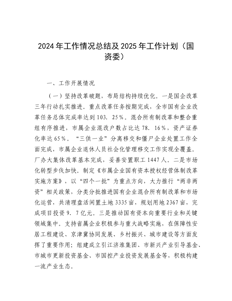 2024年工作情况总结及2025年工作计划（国资委）_第1页