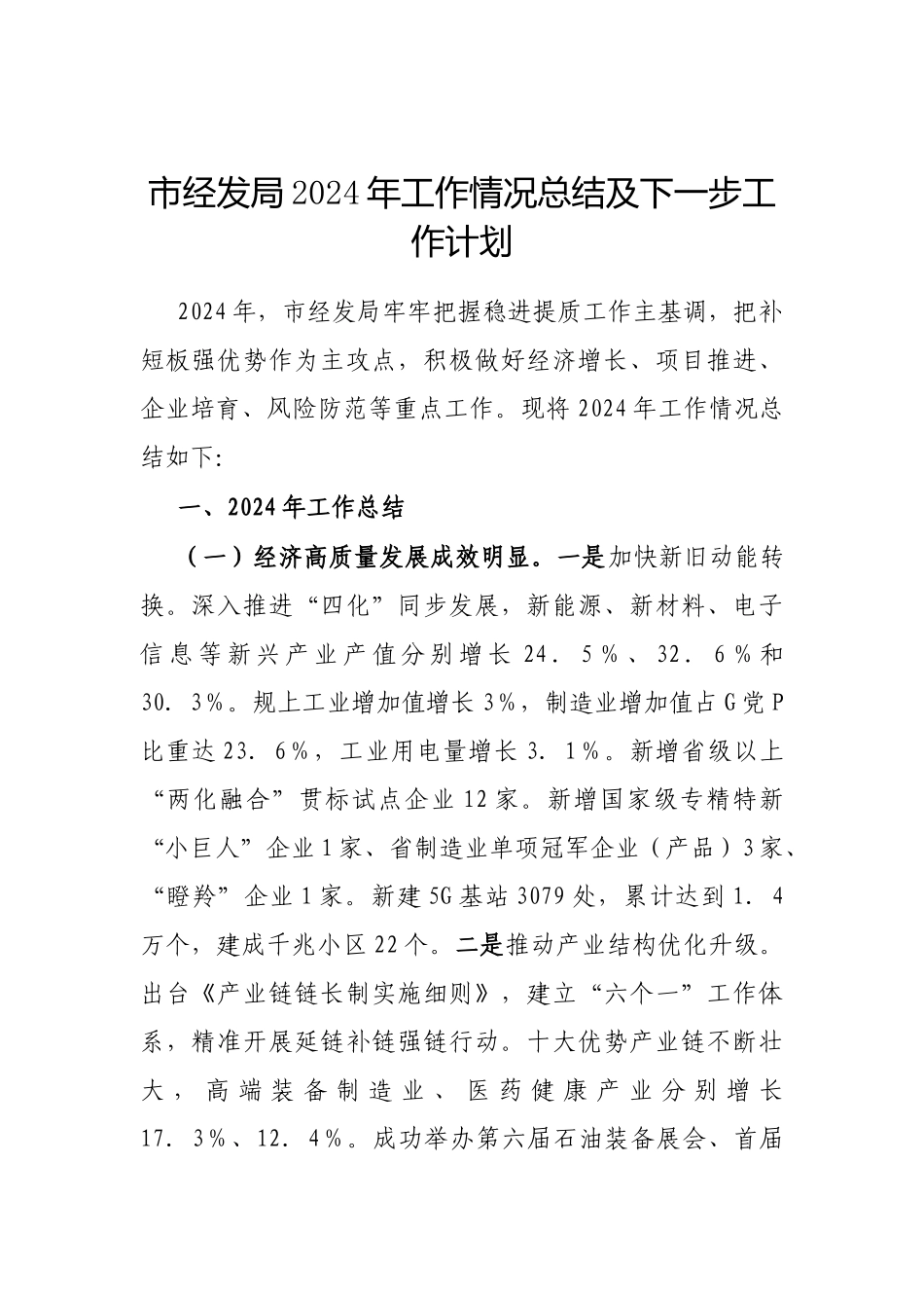 2024年工作情况总结及下一步工作计划（经发局）_第1页