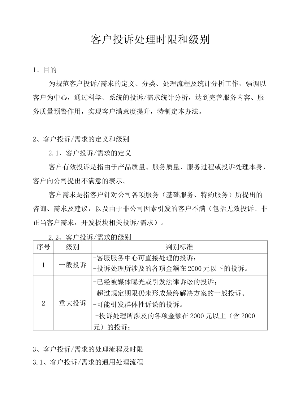 客户投诉处理时限和级别_第1页