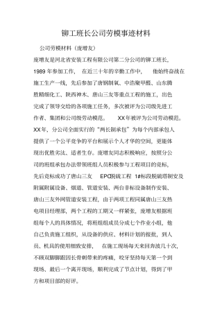 铆工班长公司劳模事迹材料