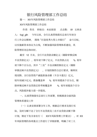 银行风险管理部工作总结