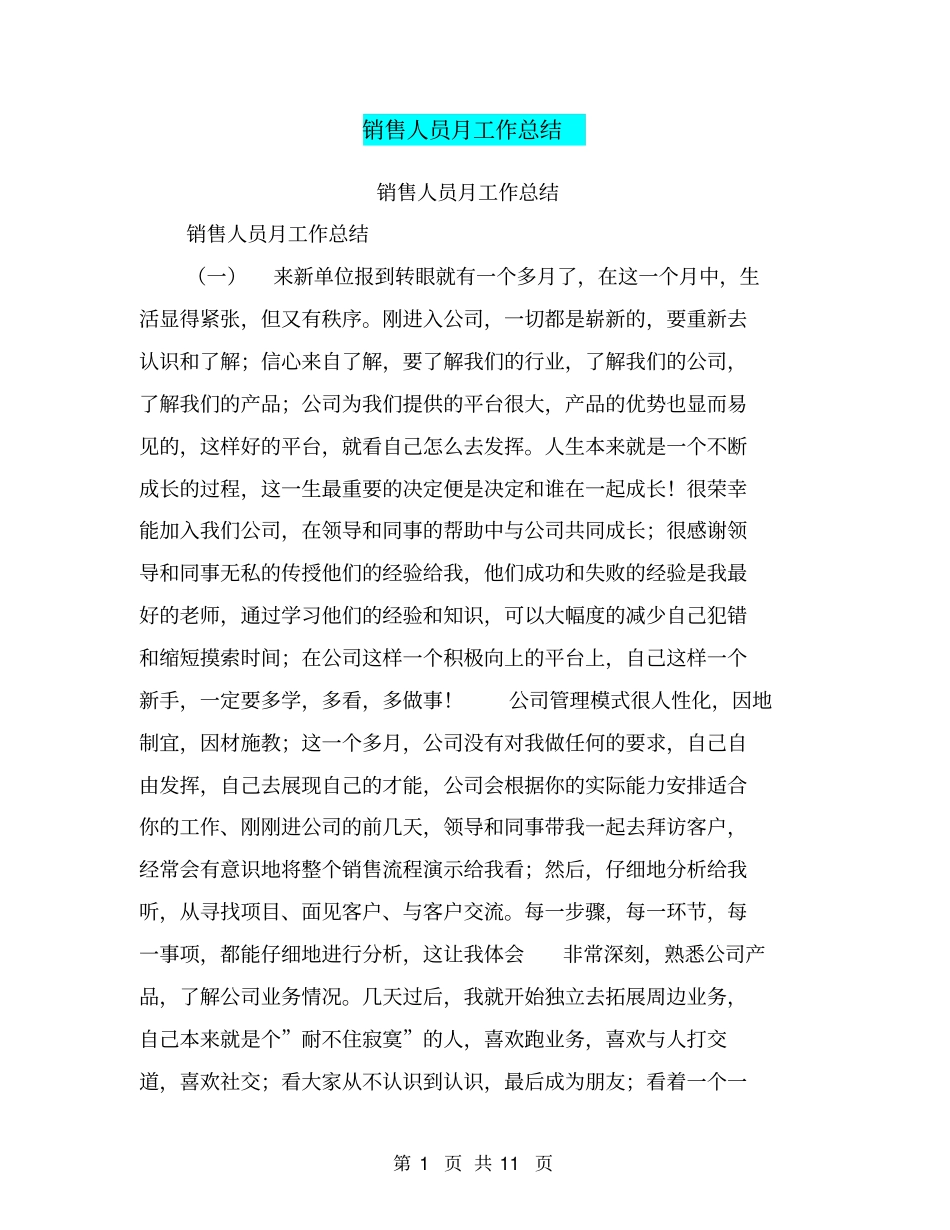 销售人员月工作总结【可编辑版】_第1页