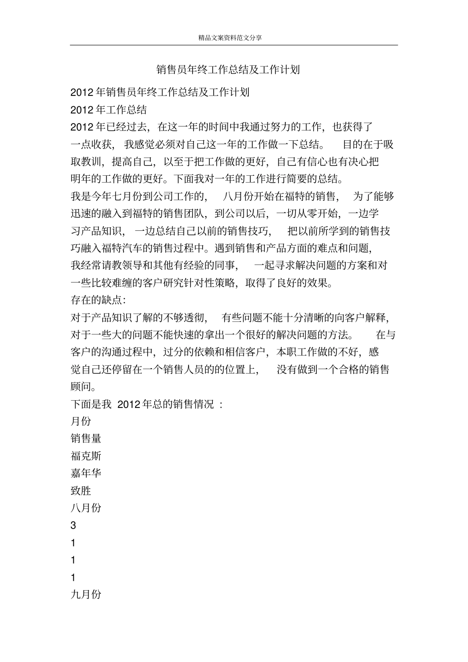 销售员年终工作总结及工作计划-精品文案范文_第1页