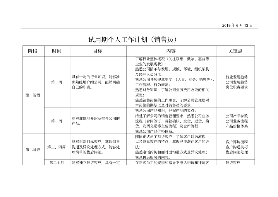 销售员试用期个人工作计划表模板A4大小打印_第1页