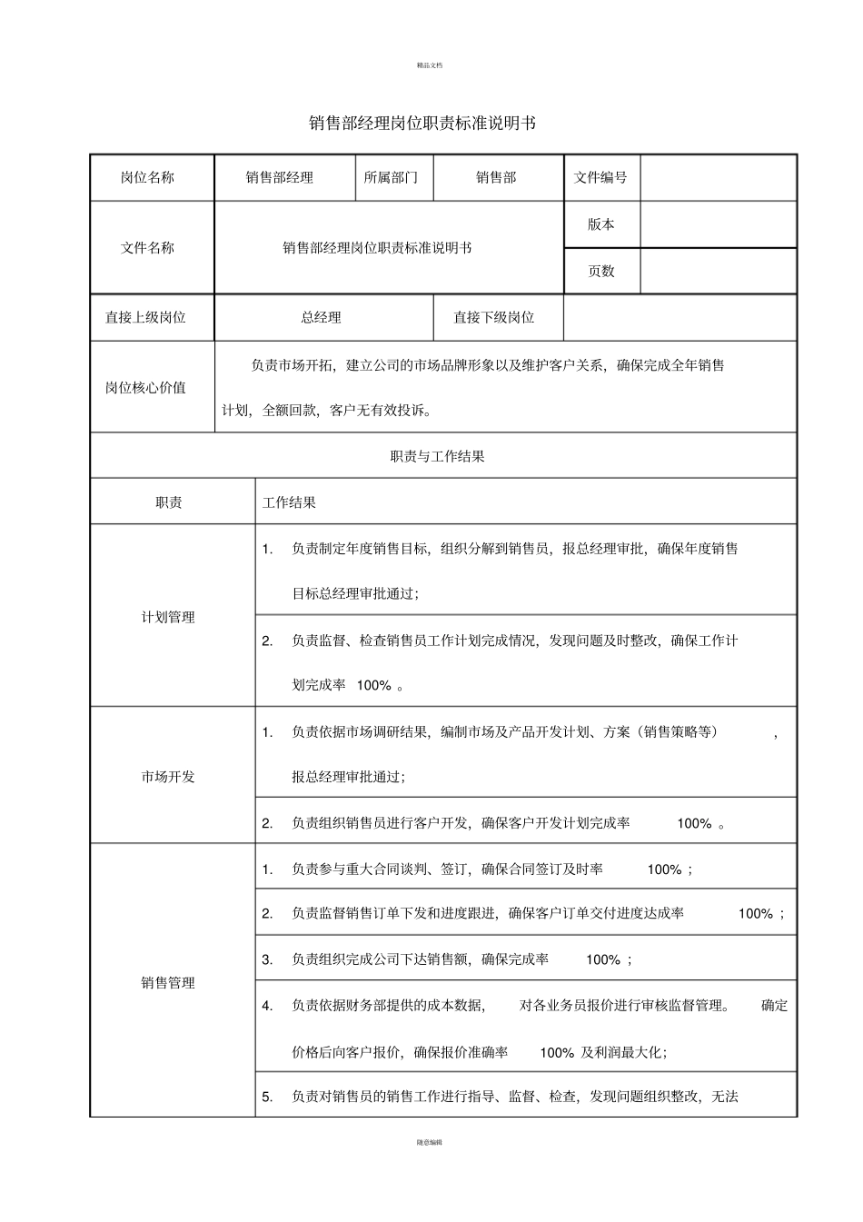 销售部经理岗位职责说明书_第1页