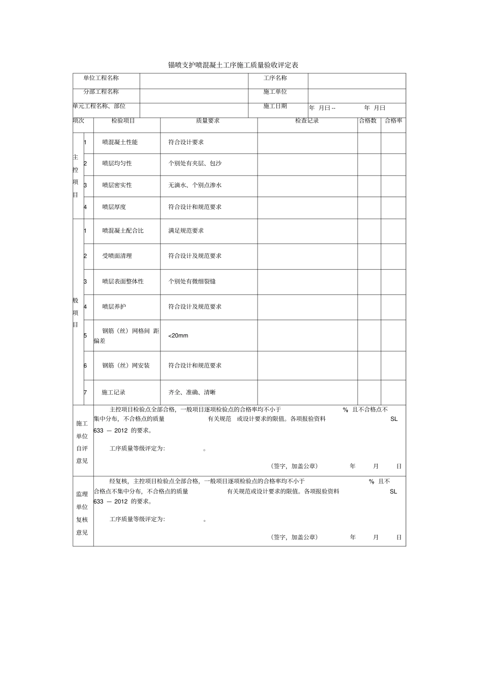 锚喷支护喷混凝土工序施工质量验收评定表_第1页