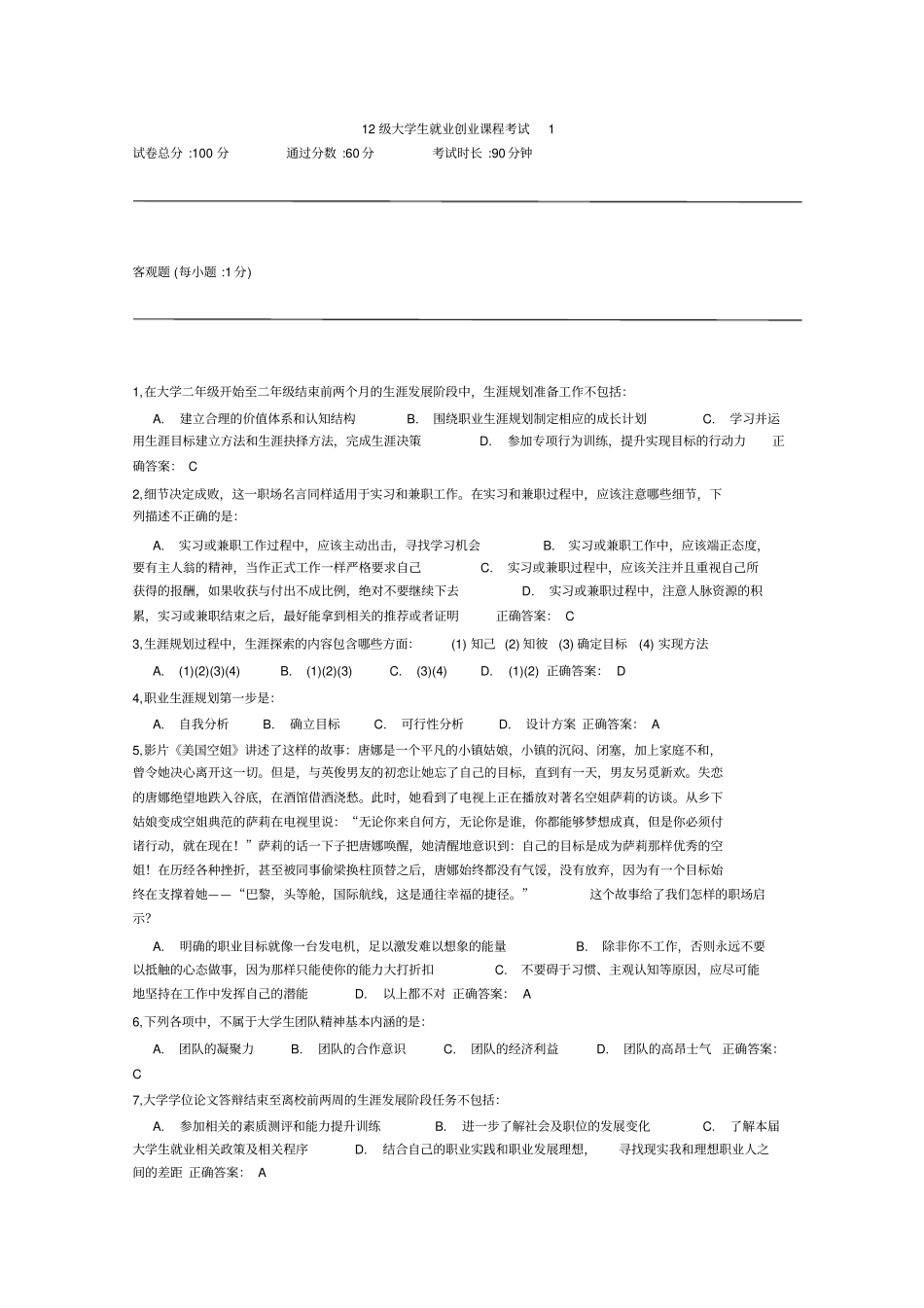 锦程网大学生就业创业课程测验考试_第1页
