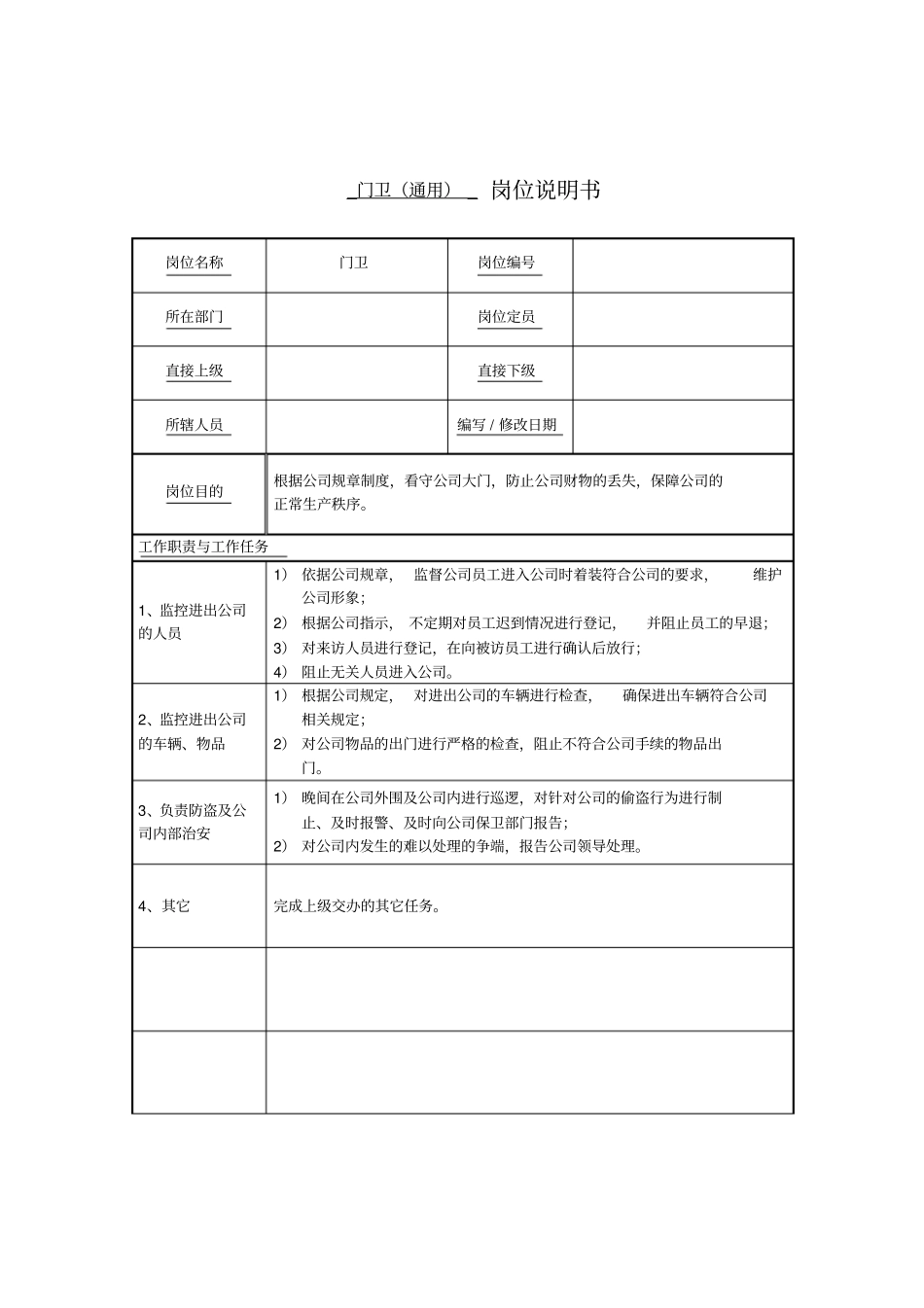 门卫岗位说明书_第1页