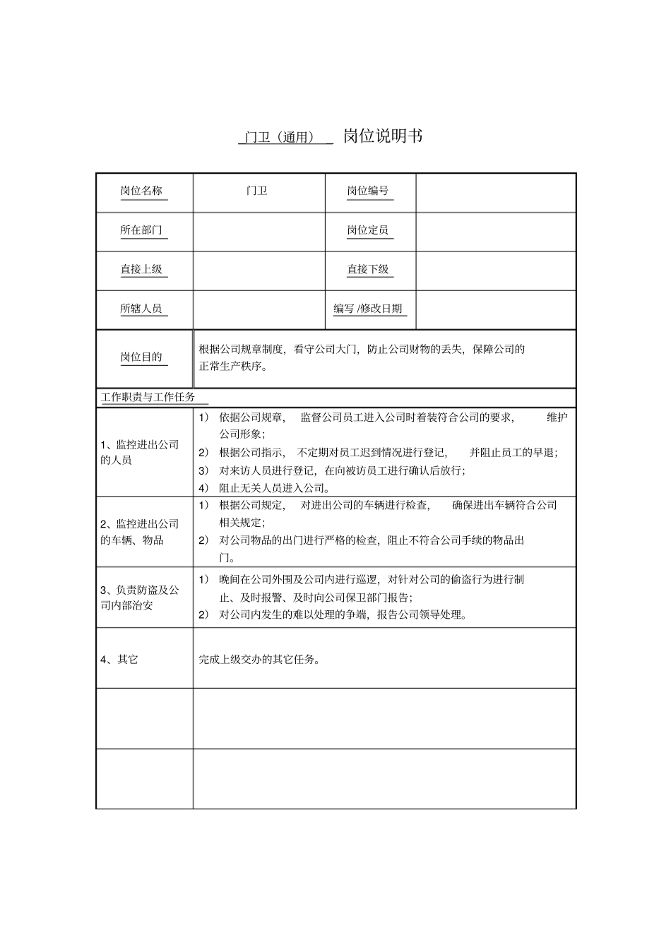 门卫职务说明书通用_第1页