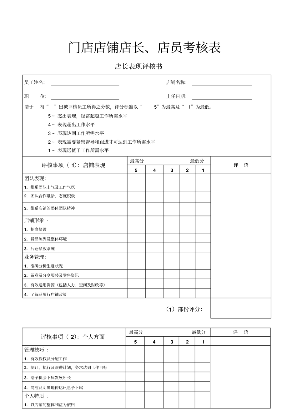 门店店铺店长、店员考核表_第1页