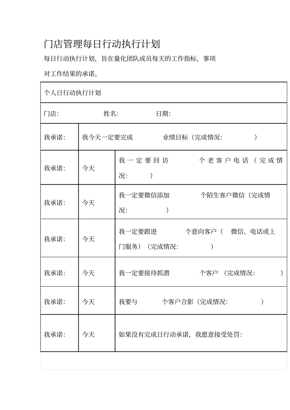 门店管理每日行动执行计划_第1页