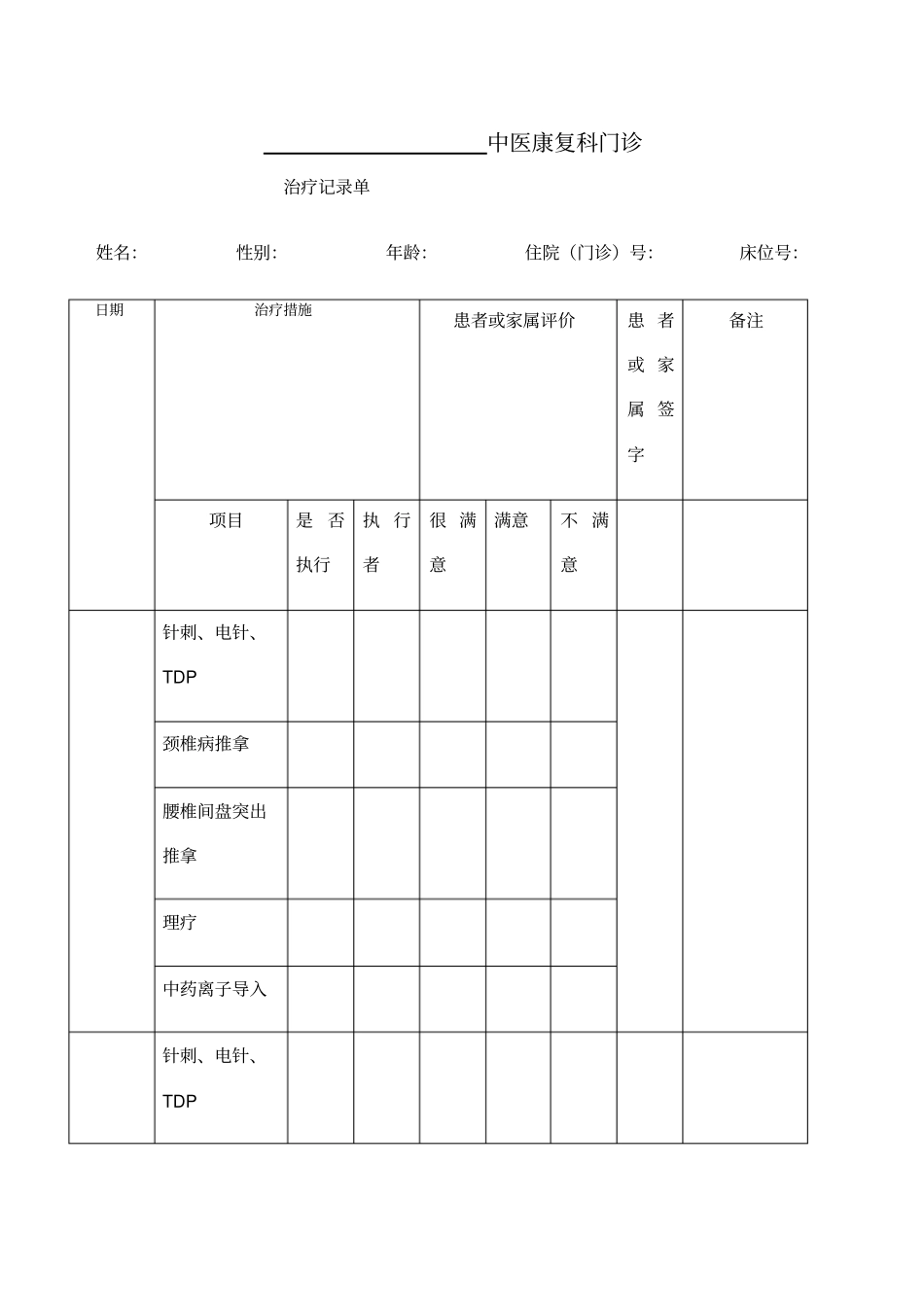 门诊中医康复科治疗记录单_第1页