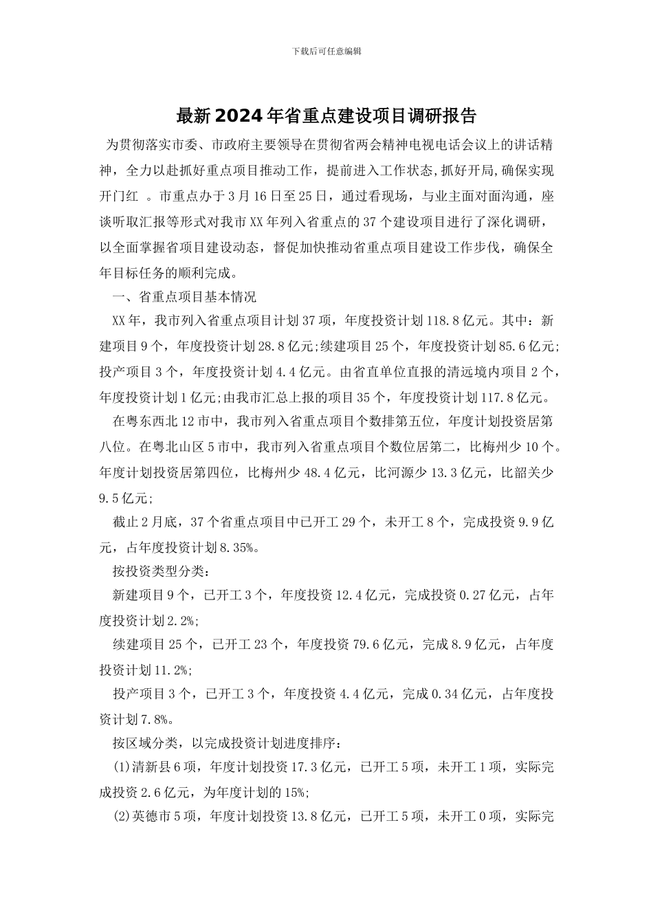 最新2024年省重点建设项目调研报告_第1页