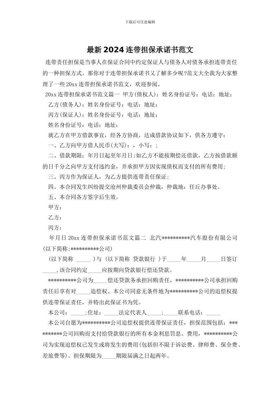 最新2024连带担保承诺书范文_第1页