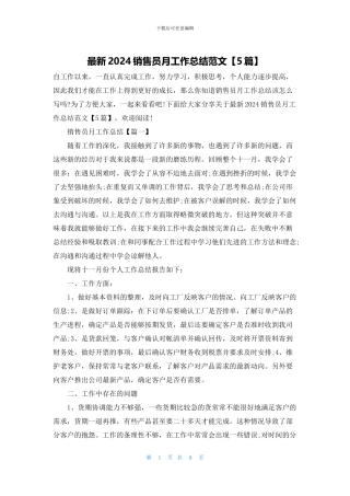 最新2024销售员月工作总结范文