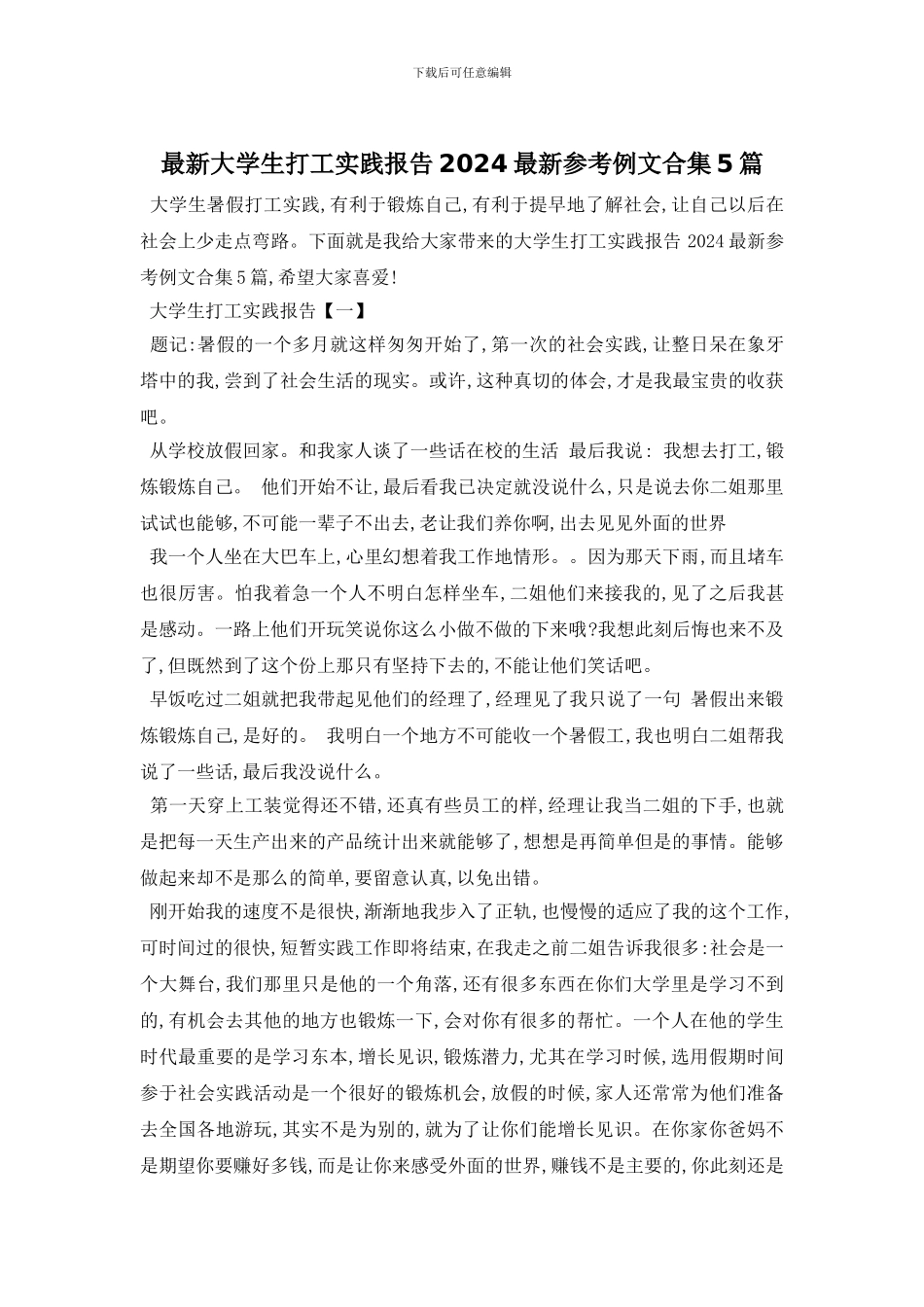 最新大学生打工实践报告2024最新参考例文合集5篇_第1页