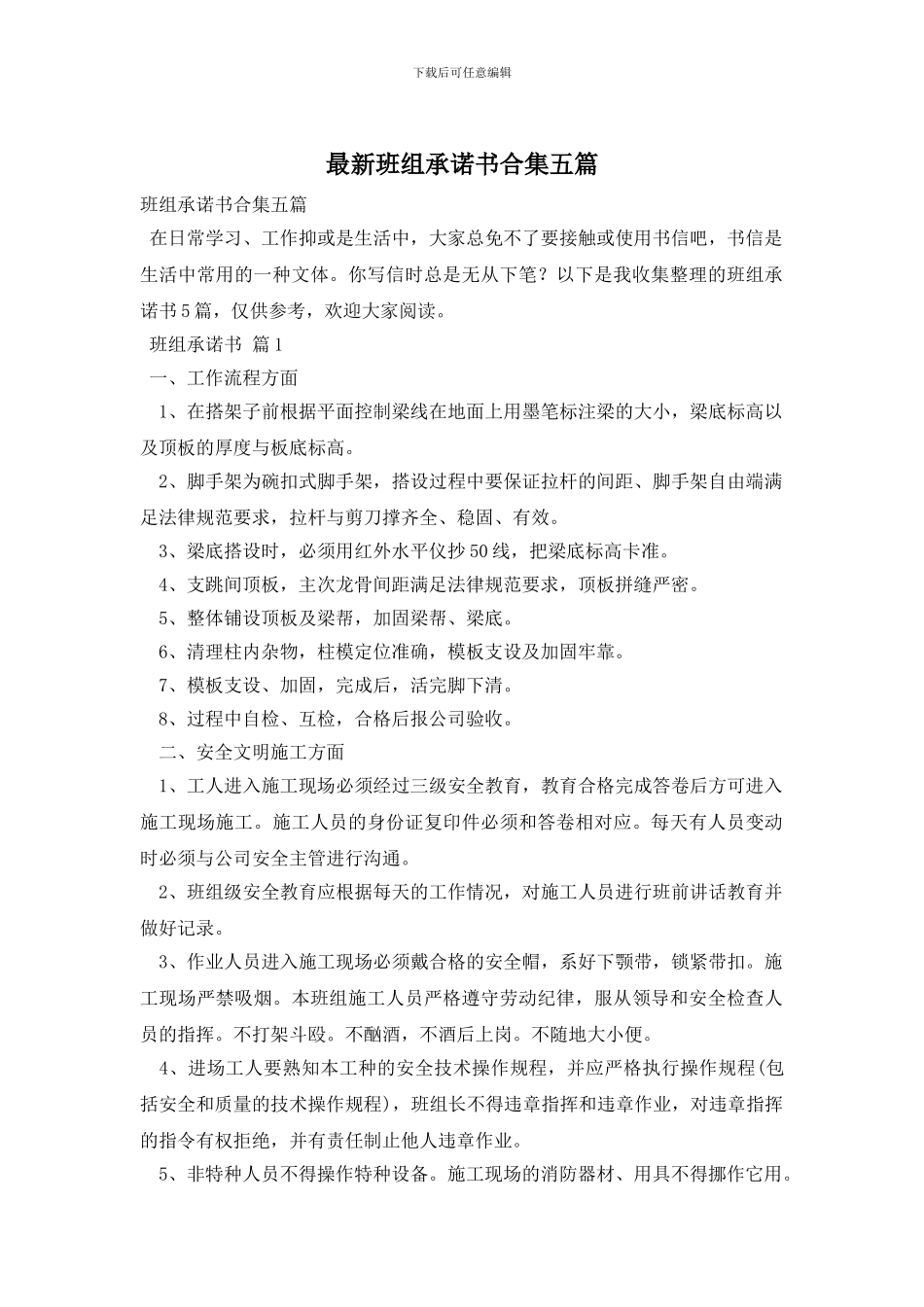 最新班组承诺书合集五篇_第1页