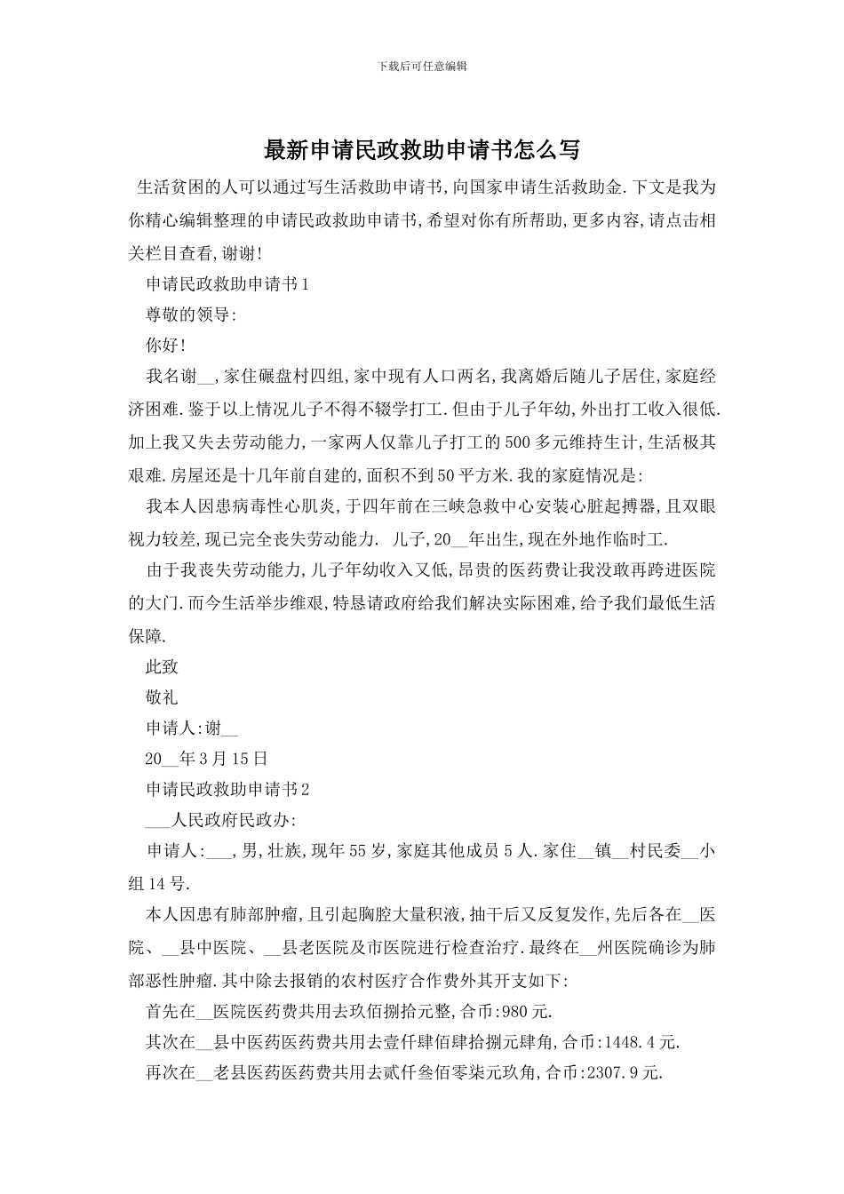 最新申请民政救助申请书怎么写_第1页