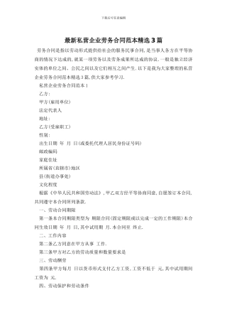 最新私营企业劳务合同范本精选3篇