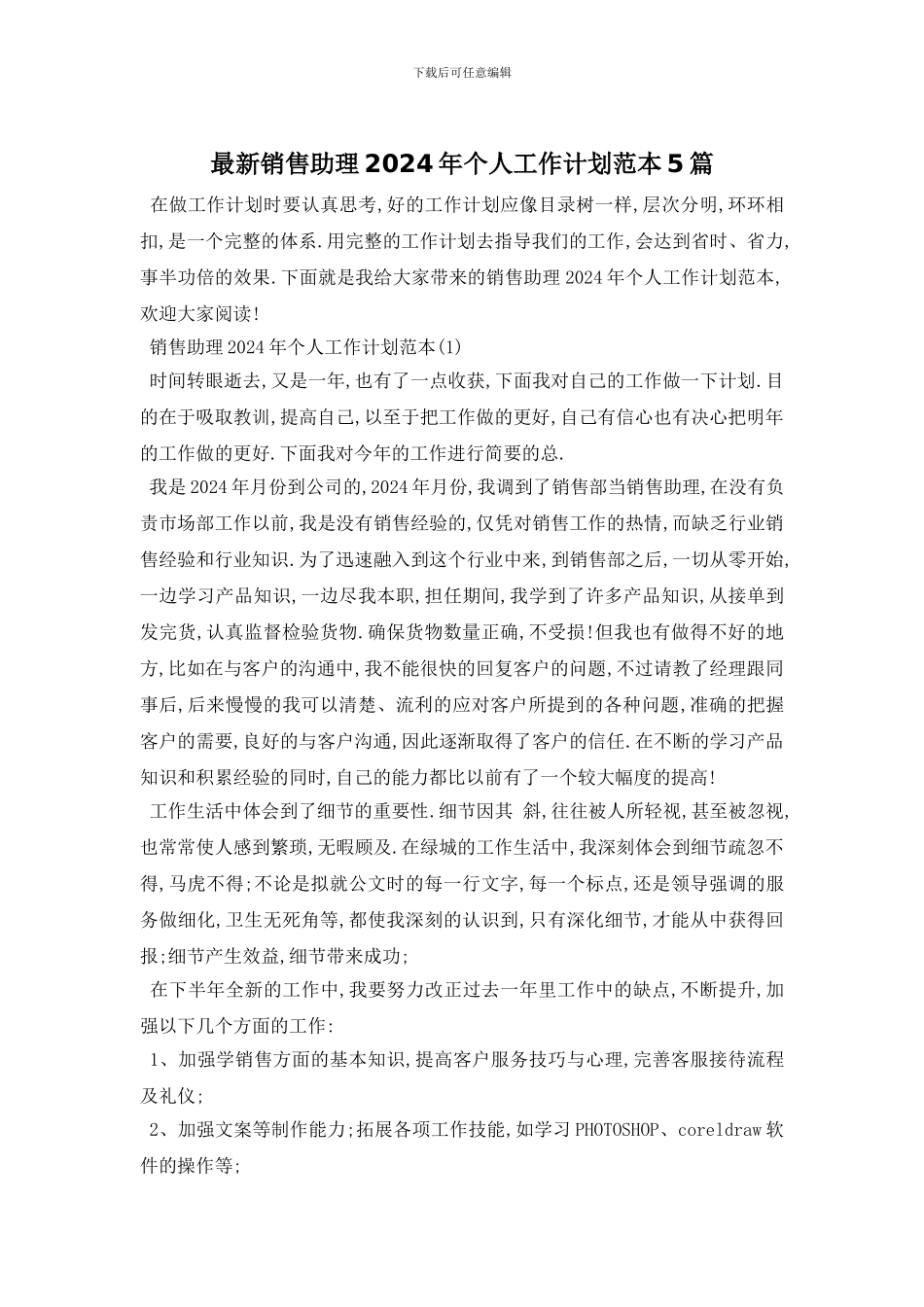 最新销售助理2024年个人工作计划范本5篇_第1页